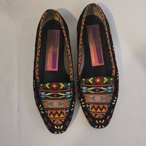 SUSAN BENNIS/WARREN EDWARDS VTG.Blk Suede Tribal Flat, Good Condition, Sz.9